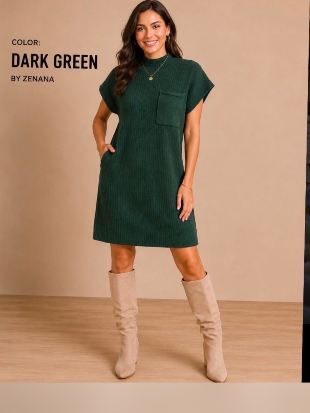 Zenana Outfitters Dark Green Ribbed Mock Neck Pocket Mini Dress